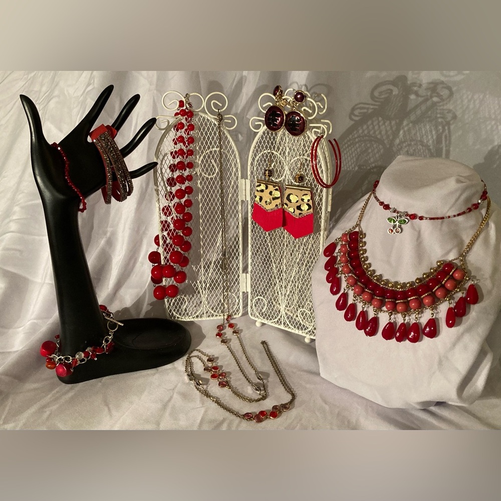 Rich Red Costume Jewelry Lot 10 Pieces